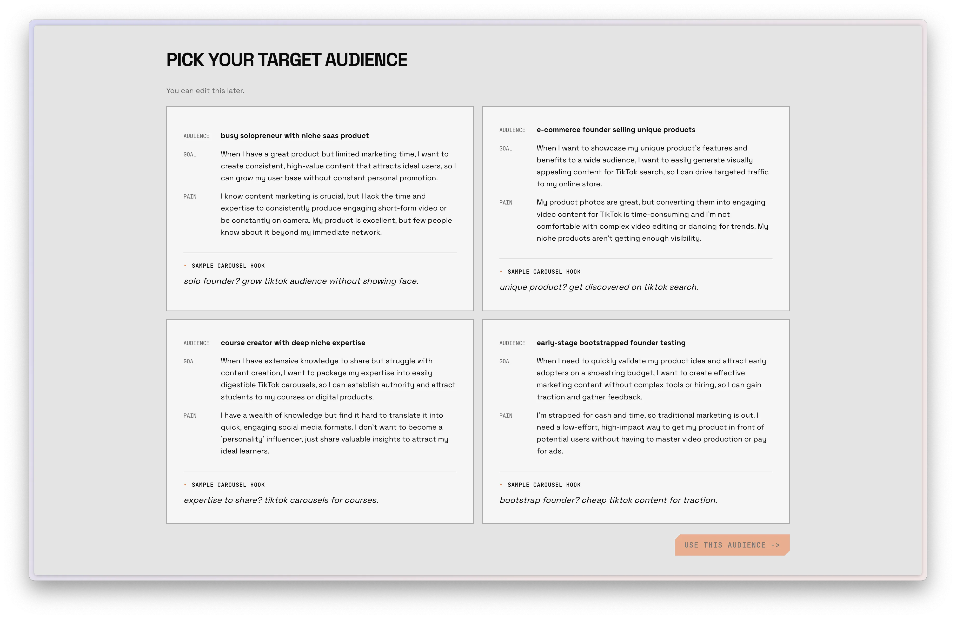SEOCarousel onboarding - pick the target audience for your carousels
