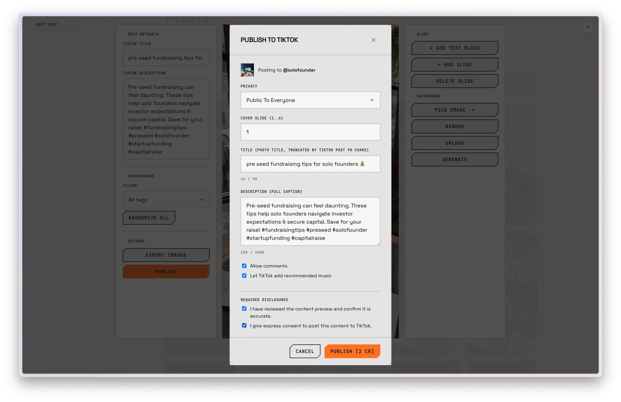 SEOCarousel editor with the Publish to TikTok modal open
