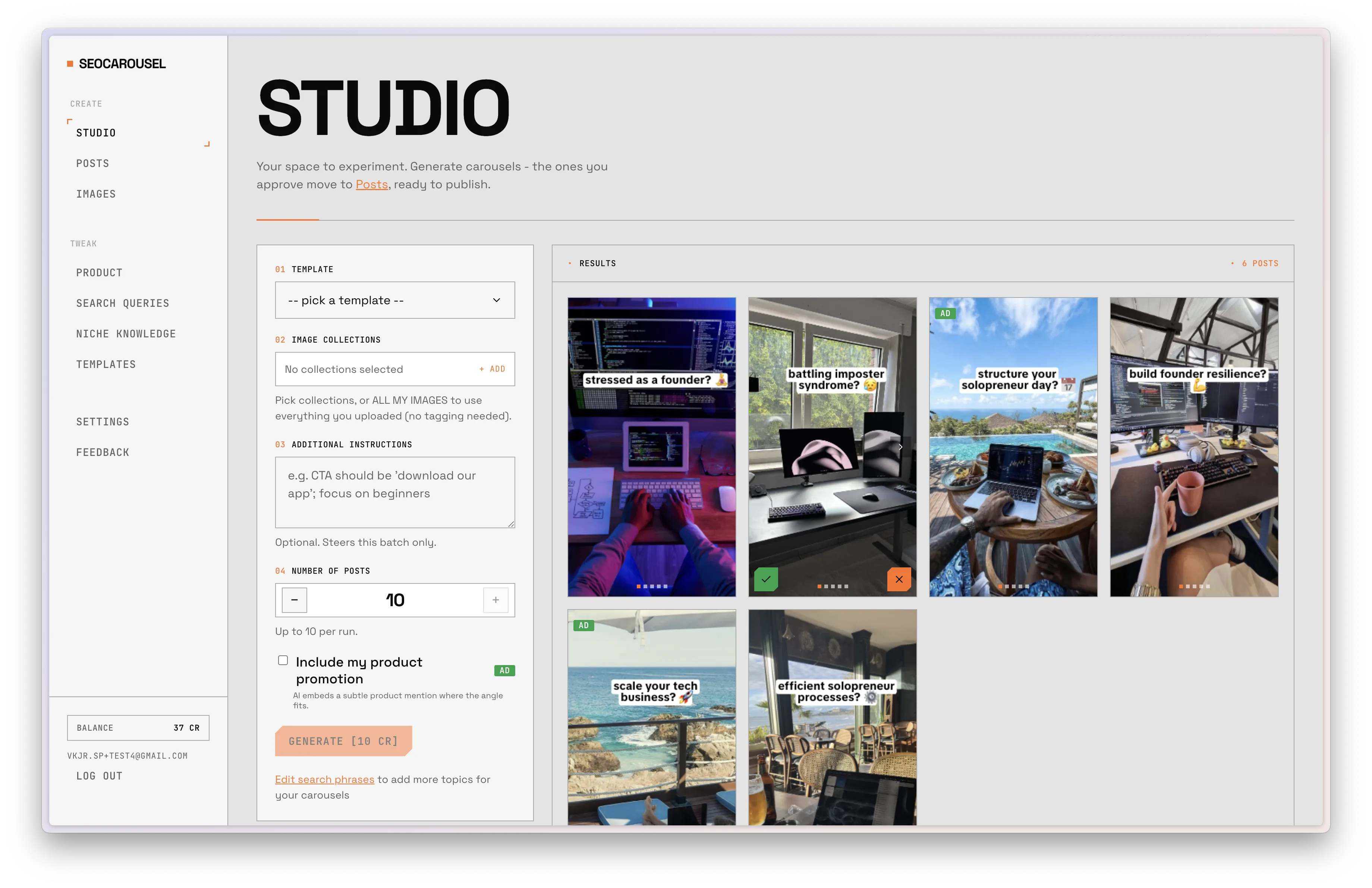 SEOCarousel Studio - generated draft carousels in the approve/reject grid