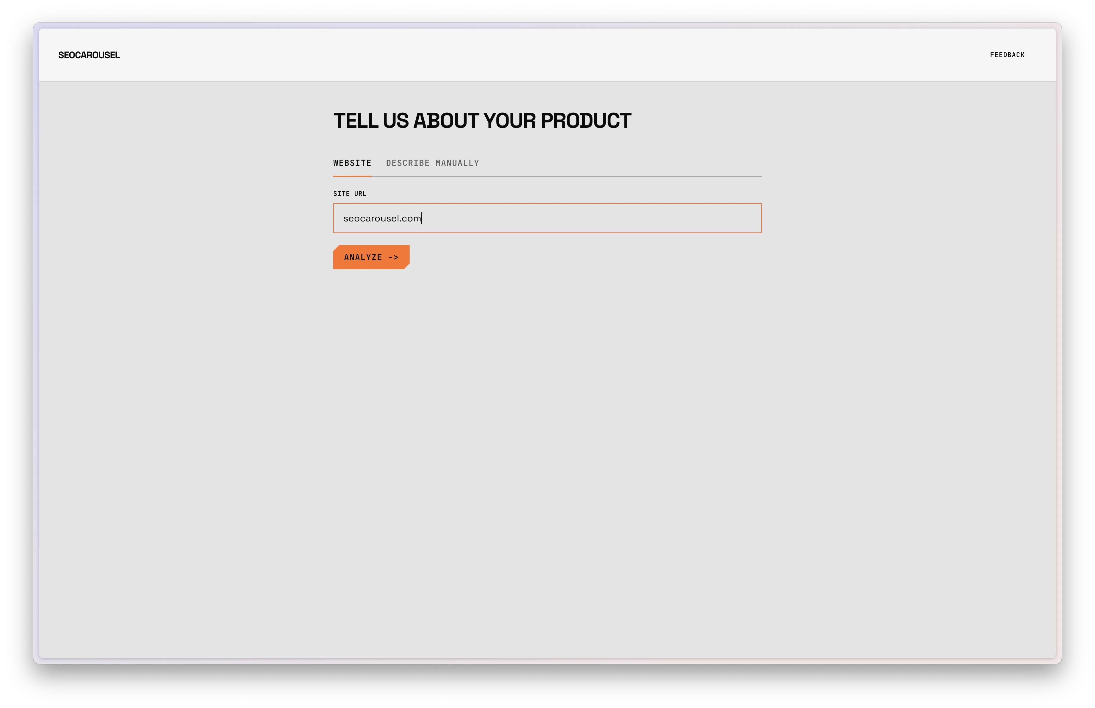 SEOCarousel onboarding - enter your website URL to analyze your product